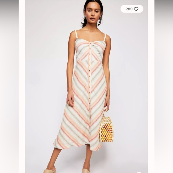 Free People Linen Blend Striking Striped Midi Dress - Picture 1 of 7